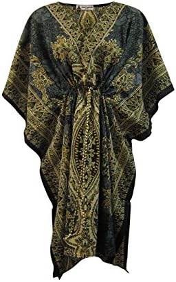 Women's Kaftan Short Drawstring Ethnic Dress Boho Hippie Swim Suit Cover Up - Fair Trade (Stone Gray)