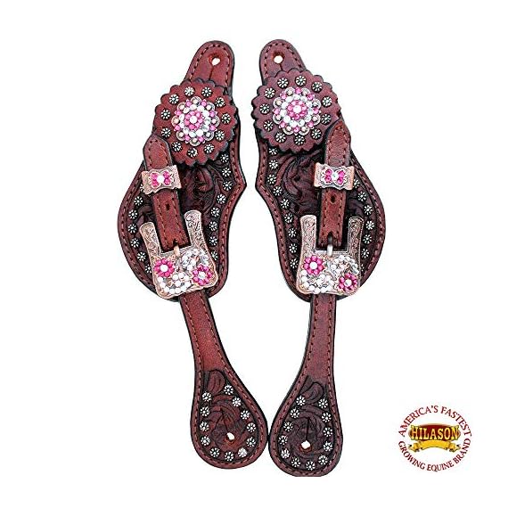 HILASON-Western-Leather-SPUR-Straps-Brown-Floral-Carving-Crystals-Bling-Conchos