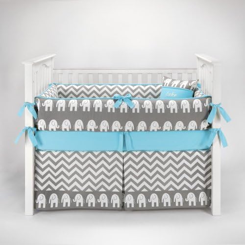 Elephant Chevron Zig Zag Gray & Blue Baby Bedding - 5pc Crib Set by Sofia Bedding
