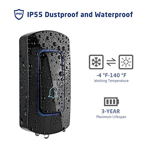 Wireless Doorbell, AVANTEK Waterpoof Door Bell Chime Operating at 1300 Feet with 52 Melodies, 5 Volume Levels & LED Flash