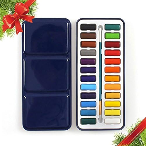 Max Watercolor Set | Deluxe Water Paint Kit with 24 Half Pan Assorted Solid Cake Colors and a Brush | Portable Field Sketch Metal Box with Built-In Blend and Mix Palette for Kid and Adult | 987.2