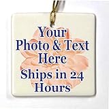 Personalized Christmas Ornament, Add Photo Text or Art Design and Make Your own Customized Porcelain Ceramic Ornament, Gold String and Gift Bag Included (Square)