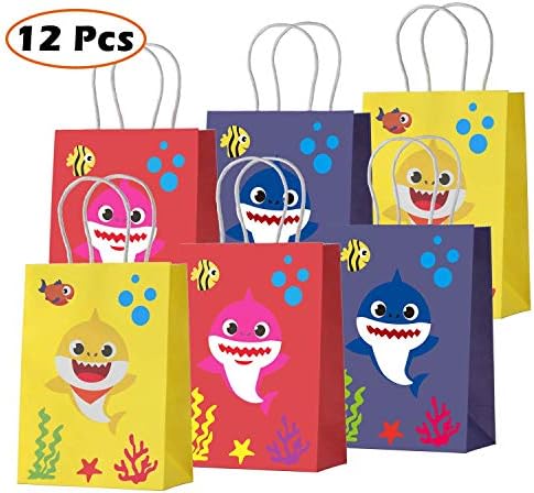 Othrando Baby Cute Shark Theme Party Gift Bags Shark Goodie Candy Treat Paper Bags Party Favors for Baby Shower Kids Girls or Boys Birthday Party Supplies