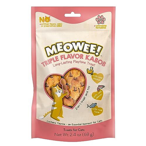 MEOWEE! TRIPLE FLAVOR KABOBS CAT TREAT, 2.4 OUNCE BAG, LONG-LASTING PLAYTIME TREAT FOR CATS MADE WITH REAL CHICKEN, SALMON & TUNA