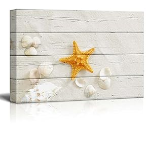 Canvas Wll Art - Tropical Beach with Star Fish and Seashells on Wooden Feeling Background - Giclee Print and Stretched Gallery Wrap | Modern Home Art Ready to Hang - 12"x18"