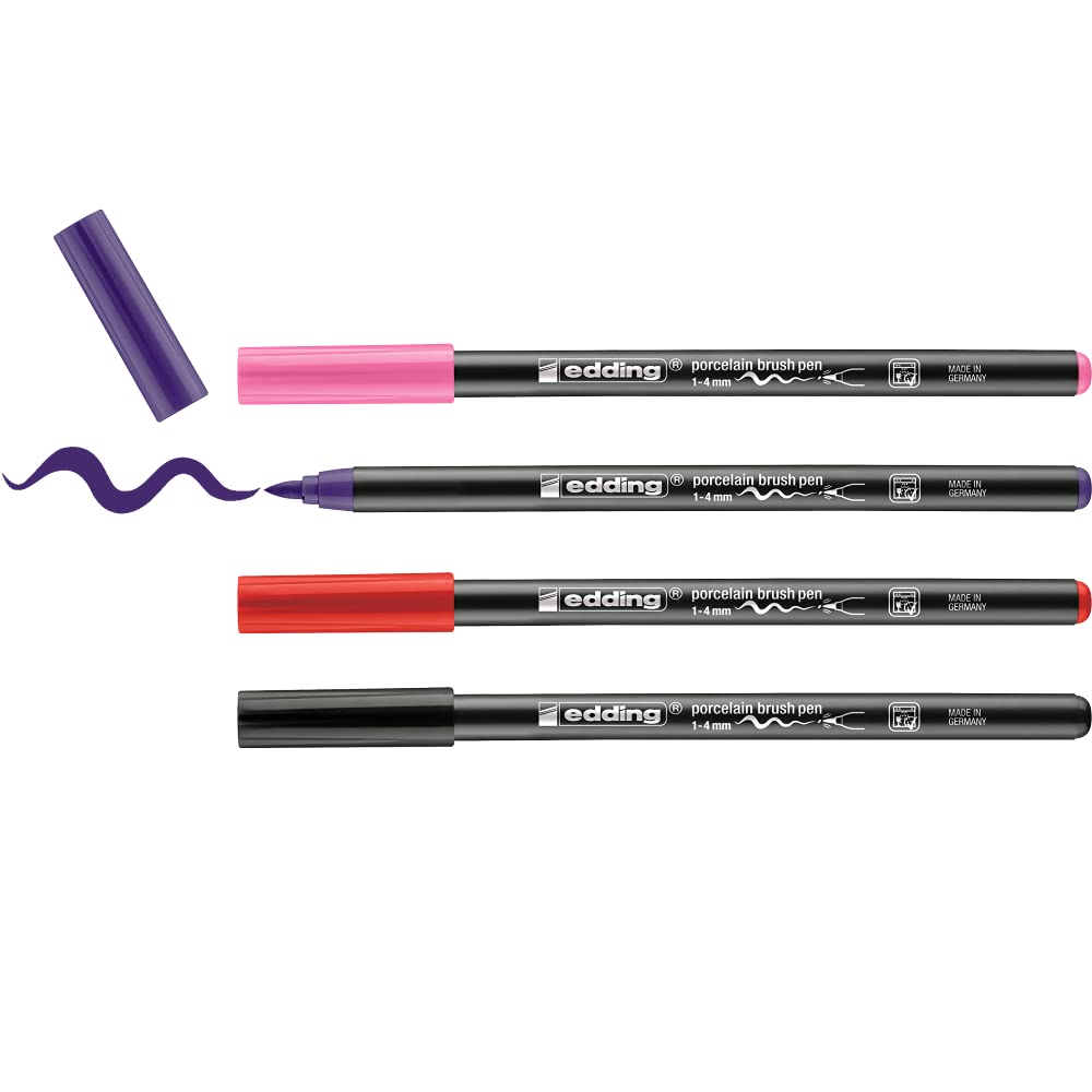 edding 4200 porcelain brush pen - black, red, violet, pink - 4 pens - brush nib 1-4 mm - felt-nib pen for painting and decorating ceramics, porcelain - dishwasher-safe, lightfast ink, quick-drying