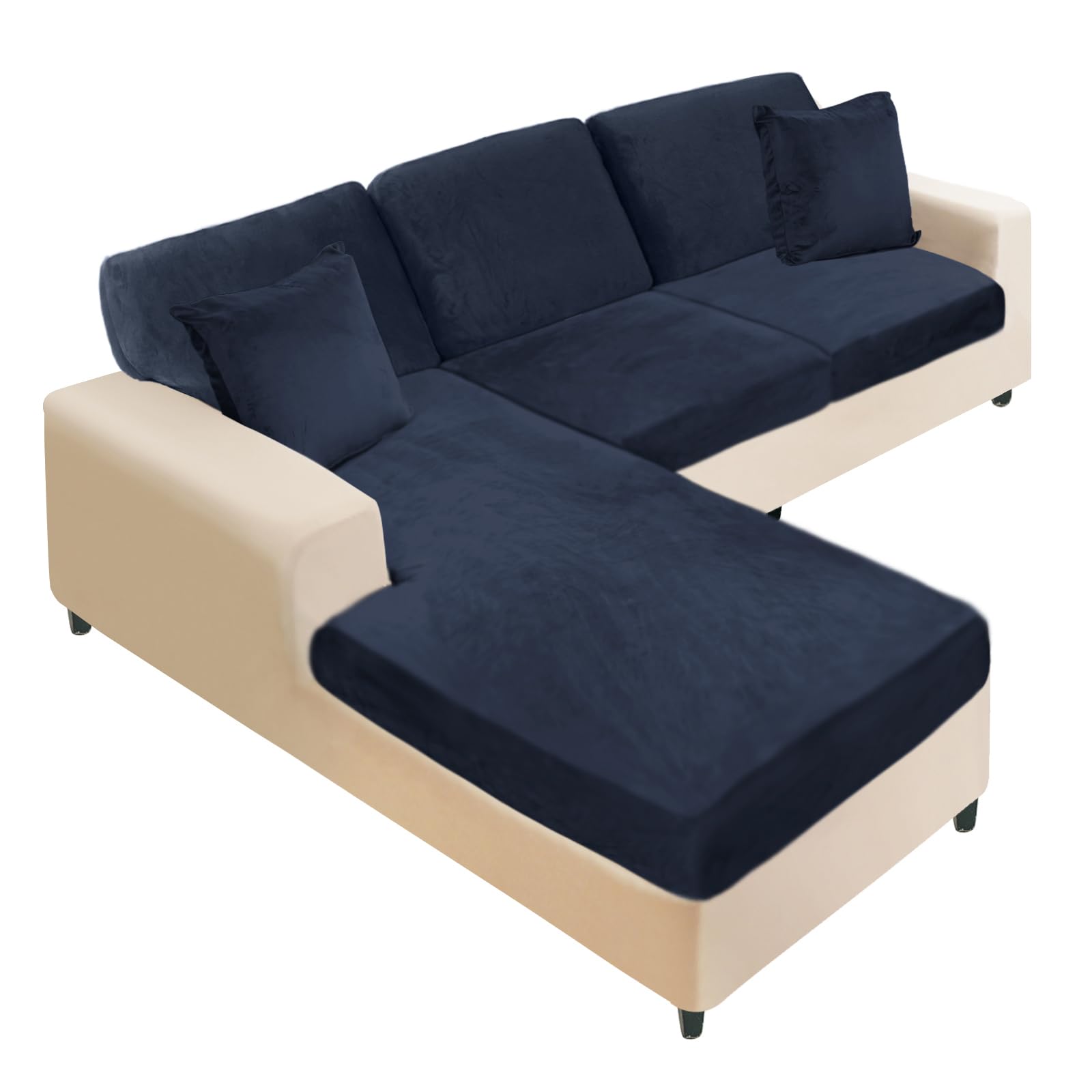Photo 1 of NAISI Sectional Couch Covers 6 Pieces Velvet Couch Cushion Covers L Shape Soft Stretch Sofa Slipcovers with 2pcs Pillowcases for Left/Right Chaise Sectional Couch(2 Seater+1 Chaise+3 Back,Navy)
