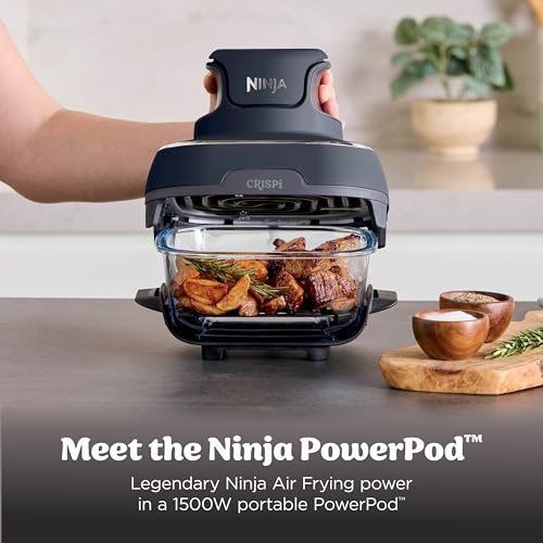 NINJA CRISPI AIR FRYER, MICROWAVE, FREEZER & DISHWASHER SAFE, NON TOXIC GLASS PORTABLE COOKING SYSTEM, 4 QT & 6 CUP GLASS CONTAINERS WITH STORAGE LIDS, EASY MEALS, AIR FRY, BAKE, & MORE GREY, FN101CGY