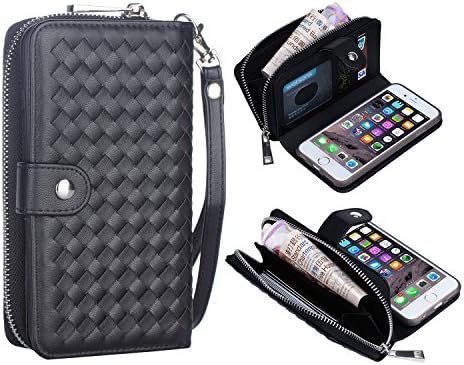 iPhone 6 Plus Wristlet, Bellivin Large Capacity Premium Woven Pattern PU Leather Detachable [Zipper Clutch] for iPhone 6 Plus/ 6s Plus 5.5” (Woven Black 5.5")