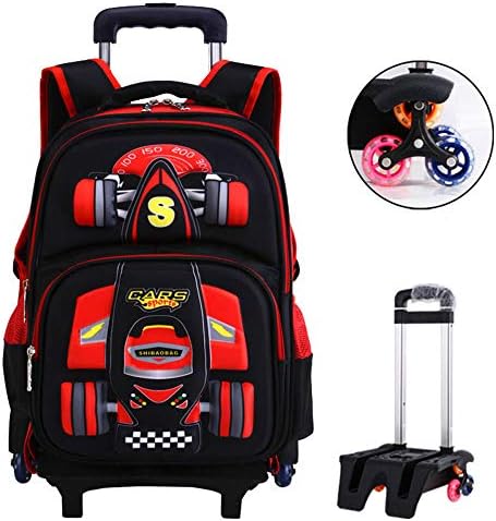 HMJZ Trolley Bag,3D Racing Pattern,6 Wheels Can Climb The Stairs,Waterproof Polyester Backpack,Removable Lever,for Young Boys And Girls- Red/Green/Blue,Red