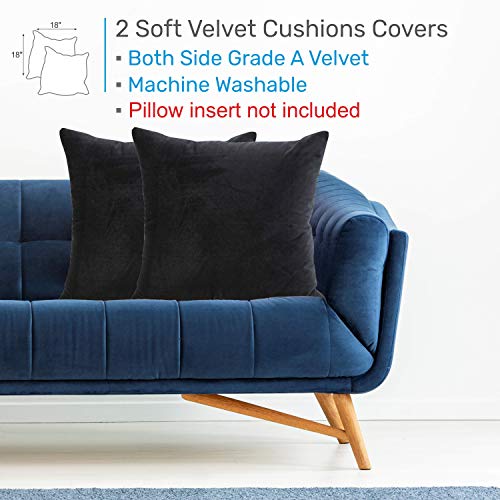 Sleep Mantra Velvet Black Throw Pillow Cases - Plush Comfortable 2 Piece Set of 18 x 18 Inch Smooth Decorative Cushion Cover, Soft Fade Resistant Washable Pillow Covers
