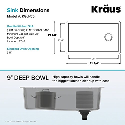 Kraus Forteza 32” Undermount Single Bowl Granite Kitchen Sink (Grey) - Thumbnail 4