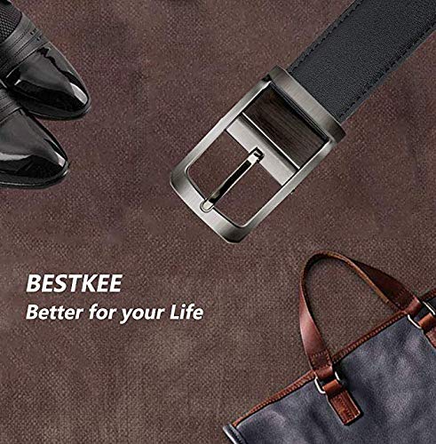Belt for Men, Bestkee Men's Leather Belt Reversible and Adjustable, Genuine Leather Mens Dress Belt with Rotated Buckle