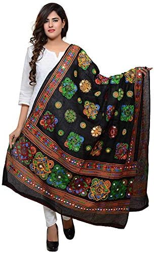 Banjara India Women's Cotton Embroidered Kutchi Dupatta Chakachak Black