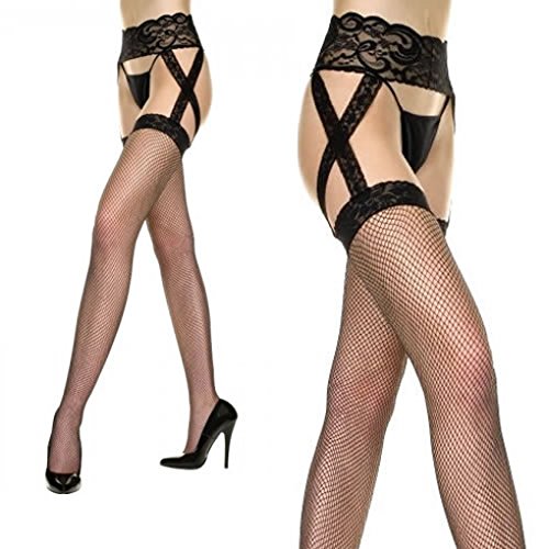 MUSIC LEGS Women's Plus-Size Criss Cross Lace Fishnet Garterbelt Stockings, Black, One