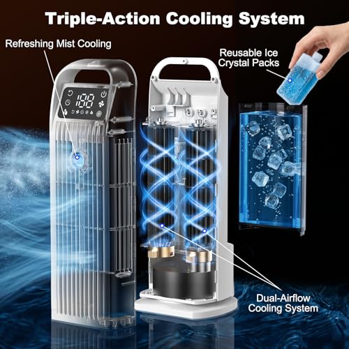 Portable Air Cooler, 4 in 1 Air Conditioner 1200ML Evaporative Air Cooler with Remote Control, 120° Oscillating 4 Speeds 12H Timer Mist Spray Tower Fan for Home Office（White）