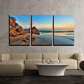 3 Piece Canvas Wall Art - Sunset at California Beach - Modern Home Art Stretched and Framed Ready to Hang - 16"x24"x3 Panels