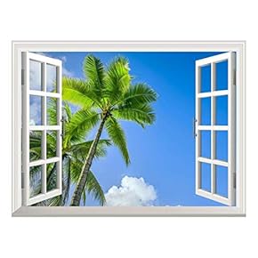 Removable Wall Sticker/Wall Mural - Tropical Landscape of Two Palm Trees in The Blue Sunny Sky | Creative Window View Home Decor/Wall Decor - 24"x32"