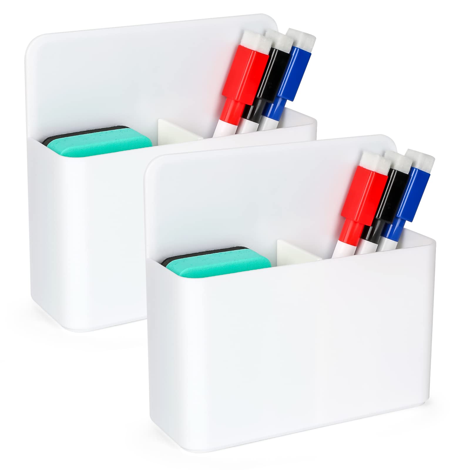 Sinofort 2 Pcs Magnetic Marker Holder, Dry Erase Marker Holder, Whiteboard Pen Magnetic Holder with Pen and Blackboard Brush for School Office Home Whiteboards Refrigerator(White)