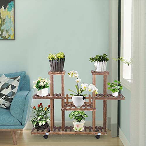 Iuhan Wooden Plant Stand Rolling Garden Cart Plants Flower Display Racks Holder Ladder with 4 Tier Garden Decoration Display 4 Layers Planter Rack Shelf Organizer for Indoor Outdoor - Thumbnail 3