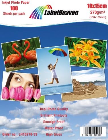 100 Sheets 100mm x 150mm 270g/m² Photo paper: glossy and waterproof photo paper, compatible with all current Ink Jet and Photo Printers.