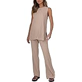 Tankaneo Two Pieces Outfits Sleeveless Top Knit Sets Trendy Lounge Long Pajamas Set