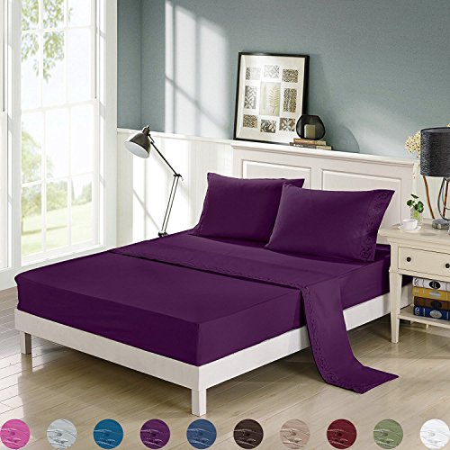 4 Piece Elegant Soft Embroidered Bed Sheets Set,Deep Pocket,Glamorous Sparkles Scroll Flowers Embroidery,Wrinkle,Fade,Stain Resistant,Hypoallergenic,2800 Series Platinum Collection (Purple, Queen)