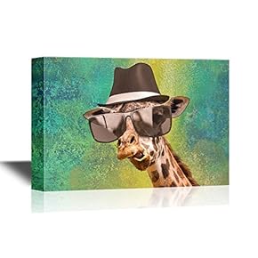 Canvas Wall Art - Funny Animal Portrait of a Giraffe Detective with Shades and a Fedora - Gallery Wrap Modern Home Art | Ready to Hang - 12x18 inches