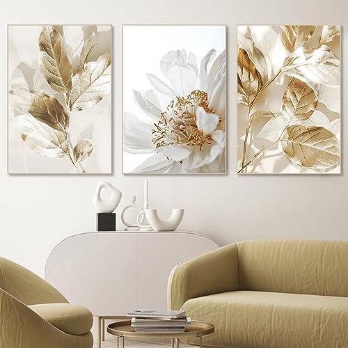 Botanical Wall Art - Tela da parete con fiori bianchi e foglie dorate, stampe boho neutre, decorazione da parete per camera da letto, senza cornice