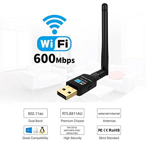 Suntrsi 600Mbps USB Wifi Adapter For Desktop Daul Band 2.4GHz/5GHz 433Mbps 802.11 ac/a/b/g/n USB Wireless Network Adapter for Desktop/Laptop/PC, Support Windows 10/8/7/Vista/XP/2000/Mac Os