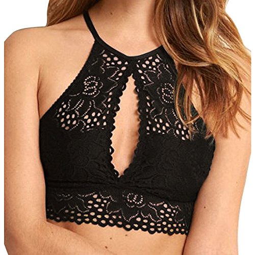 Women's High Neck Halter Lace Bralette with Keyhole Cutout, Black, M