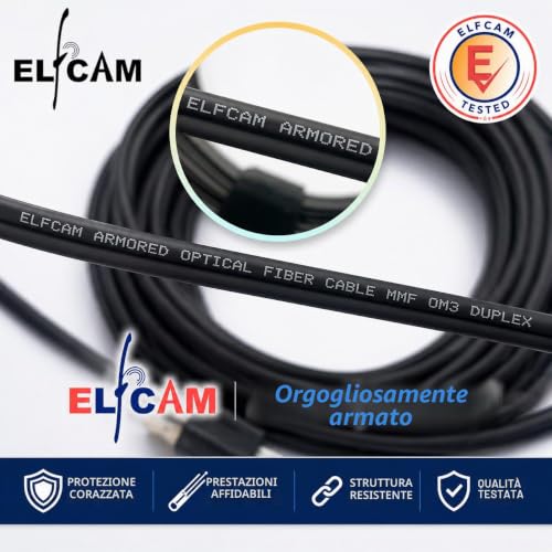 Elfcam® - 35M/114.8ft Fiber Optic Cable with Corrugated Steel Armor LC/UPC for LC/UPC OM3 Multimode Duplex 50/125um LSZH, Suitable for Outdoor and Indoor Installations, Black, 35M