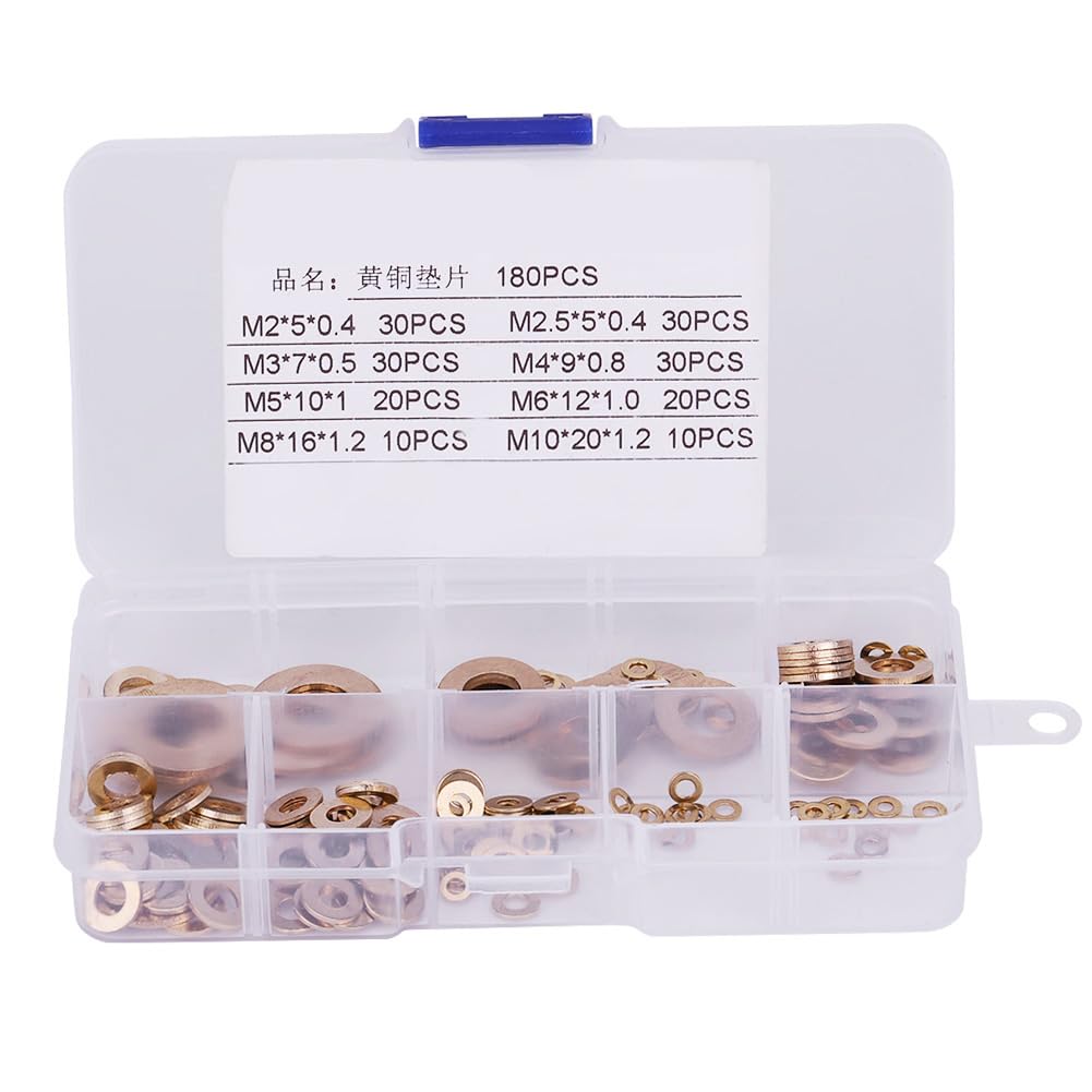 Comprehensive Set of 180Pcs Brass Flat Washer, M4 Brass Washers Assortment Box M2/M2.5/M3/M4/M5/M6/M8/M10- Perfect for DIY Projects