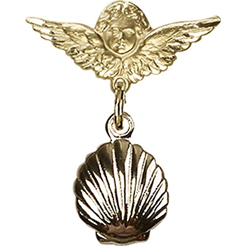 Gold Filled Baby Badge with Shell Charm and Angel w/Wings Badge Pin 7/8 X 3/4 inches