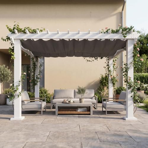 12 Ft. W x 10 Ft. D Patio Pergola with Retractable Canopy, White Powder-Coated Metal Frame, Gray UPF50+ Waterproof Shade Cover, Grape Trellis Top image 12