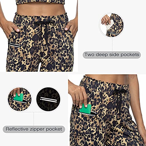Haowind Joggers for Women with Reflective Pockets Elastic Waist Workout Sport Sweatpants Comfy Lounge Yoga Running Pants(Khaki Leopard Print L)