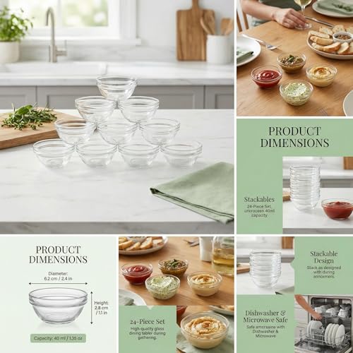 BXUUXA 24 Pieces Glass Bowls, 40 ml Reusable Snack Bowls, Mini Bowls for Sauces, 6 cm Diameter, Microwave Glass Bowl for Appetizers for Sauces, Desserts, Snacks, Fruits, Sushi