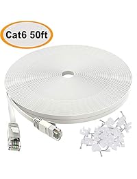 Cable Ethernet Cat 6 de 50 pies color blanco - Cable LAN de red de Internet plano - Cable de red sólido Cat6 de alta velocidad para ordenador con clips y conectores Rj45 sin enganche para router, módem - más rápido que Cat5e Cat5-50 pies