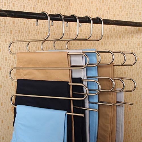 2 Pack Pants Hangers Sturdy S-type Stainless Steel Trousers Rack 5 layers Multi-Purpose Closet Hangers Magic Space Saver Storage Rack Perfect for Pants/ Towel/ Scarf etc