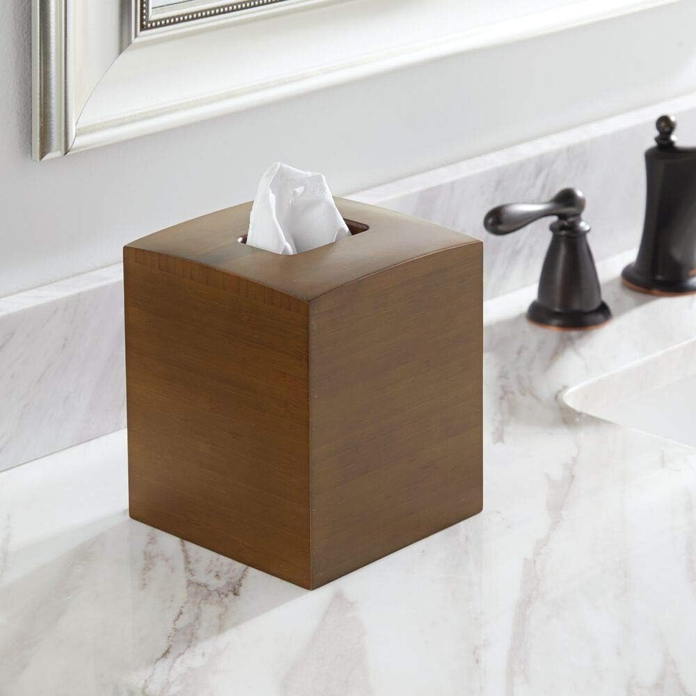 mDesign Square Bamboo Wood Facial Tissue Paper Box Cover Holder for Bathroom Vanity Counter Tops, Bedroom Dressers, Night Stands, Home Office Desks, Tables - White: Home & Kitchen