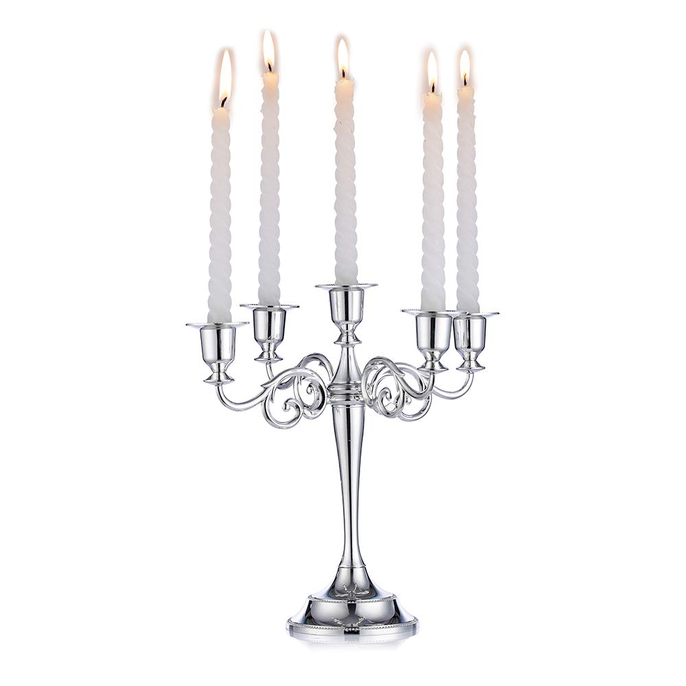 Nuptio Silver Candelabra Candle Holder - Candlestick Holders 5-arm 27cm Tall Candle Stick Stands for Taper Candles for Wedding Birthday Party Centrepieces Dining Table Christmas Decorations