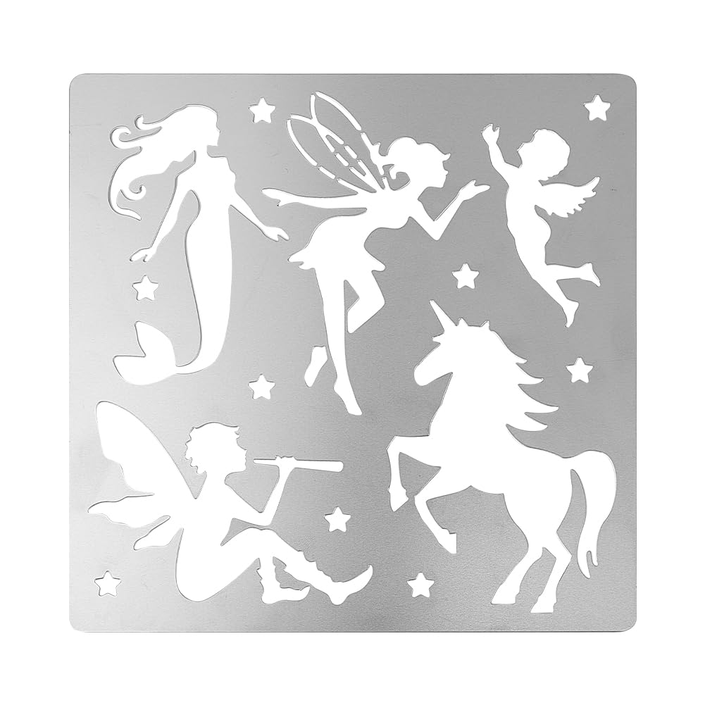 FINGERINSPIRE Metal Fairy Stencil 15.6cm Square Scrapbooking Drawing Stencils Stainless Steel Mermaid Painting Stencils for Engraving, Pyrography, Journal and Planner Making