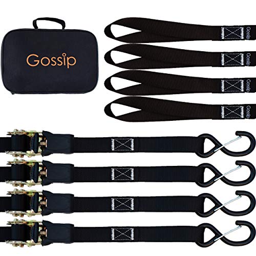 GOSSIP Ratchet Tie Down Straps - 15 Ft Long 2059 lb Break Strength Lab Tested - 4 Pk Premium Heavy Duty Cargo Straps & Soft Loops, Vinyl Coated Full Bent Closed S-Hook & Ergonomic Rubber Coated Handle