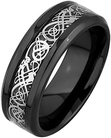 MRing 8mm Black Titanium Silver Dragon Celtic Pattern Beveled Edges Rings Silver Carbon Fibre Wedding Band Jewelry Ring (9)
