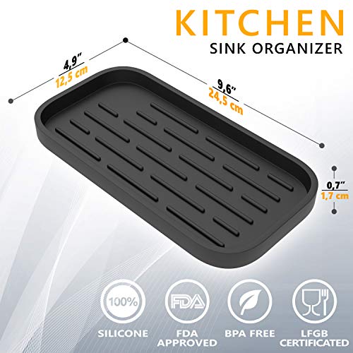 ZAPPOWARE Kitchen Sink Organizer | Silicone Sponge Holder - Storage Tray for Dish Sponge, Soap Dispenser, Scrubber 9.6"x 4.9" (Black)