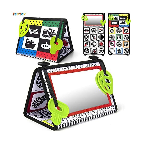 Tummy-Time-Mirror-Flip-Baby-Mirror-Floor-Mirror-Safe-Foldable-with-High-Contrast-Patterns-and-Teether-Sensory-Mirror-for-Newborn-Infants-Discovery-Baby-Books-0-6-months teytoy Tummy Time Mirror Toys, High Contrast Baby Sensory with Teether, New Born Toys Flip Mirror for 0-6 Months Infants…