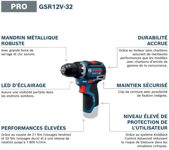 perceuse-visseuse 12V sans-fil GSR 12V-32 (Advanced KickBack Control, moteur sans charbons, avec batterie 2,0 Ah, GAL 12V-20, sac à outil)