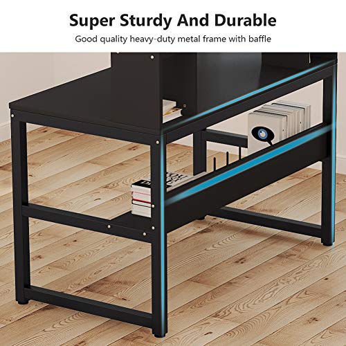 Tribesigns Computer Desk with Hutch, 47 Inches Modern Writing Desk with Storage Shelves, Compact Office Desk Study Table Workstation for Home Office, Black + Black Legs