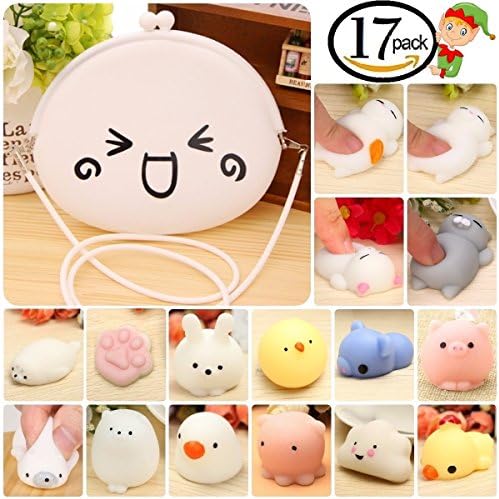 Animals Mochi Squishy Toys Pack and Kawaii Purse, 17 pcs, Mini Silicone Squishies. Fingers Toy for Stress and Anxiety Relief. Novelty Gift for Kids by Philge
