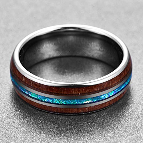 Men's Tungsten Carbide Wedding Band With Hawaiian Koa Wood & Blue Inlay - 8mm Comfort Fit Ring Size 7-14